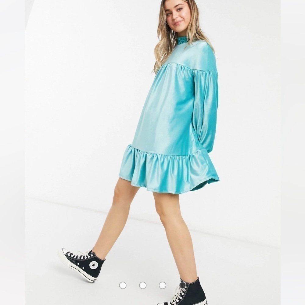 ASOS Design Crushed Velvet Smock Mini Dress with High‎ Neck in Jade Size 2